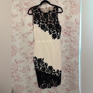 Alice + Olivia Cream Midi Dress with Black Floral Lace Overlay